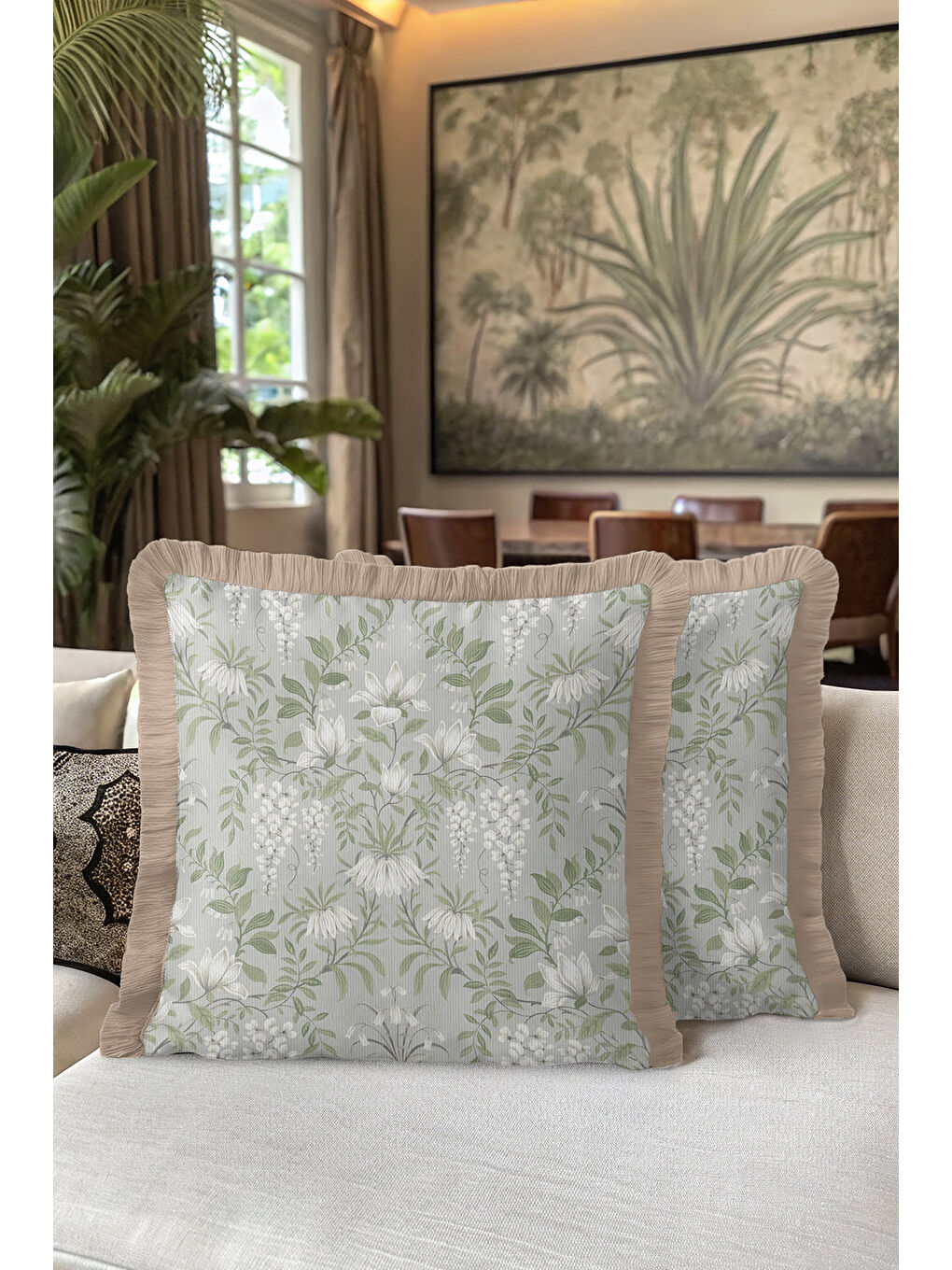 Karışık Zarif Çiçek Motifli Saçaklı Yastık Kılıfı - Bahar Esintili Country Gri Yeşil Püsküllü Kırlent Kılıfı-5