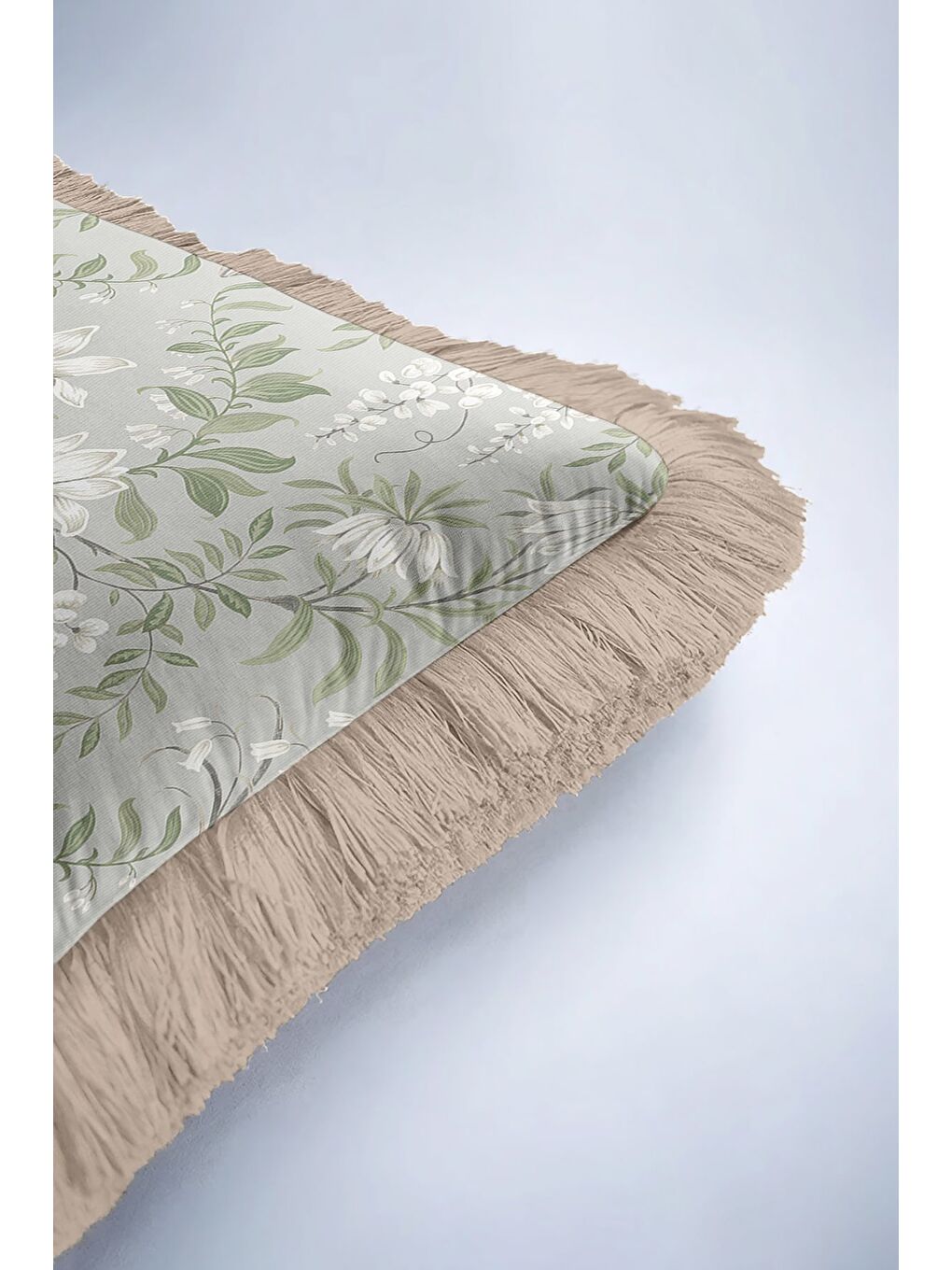 Karışık Zarif Çiçek Motifli Saçaklı Yastık Kılıfı - Bahar Esintili Country Gri Yeşil Püsküllü Kırlent Kılıfı-6