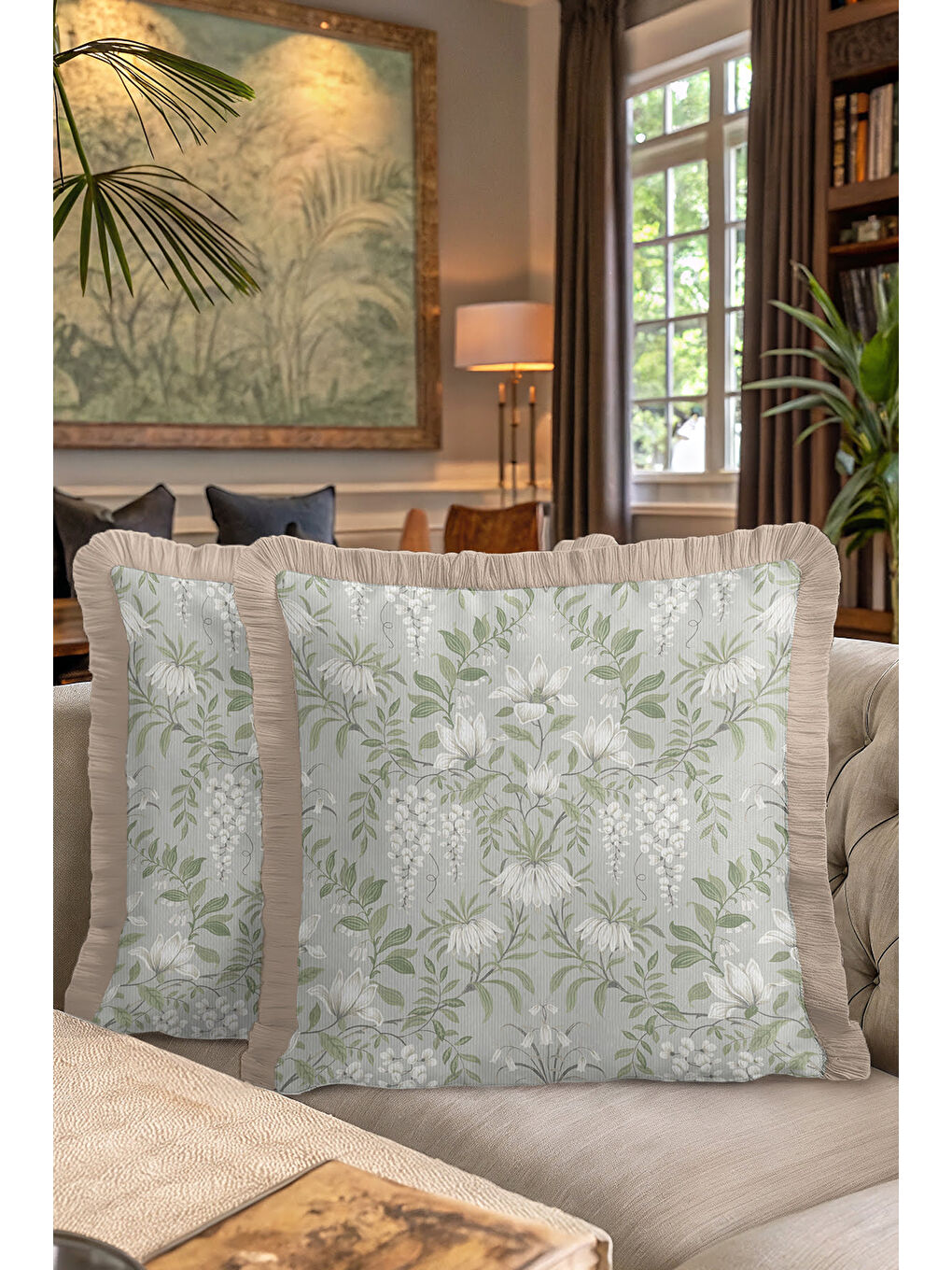 Karışık Zarif Çiçek Motifli Saçaklı Yastık Kılıfı - Bahar Esintili Country Gri Yeşil Püsküllü Kırlent Kılıfı-7