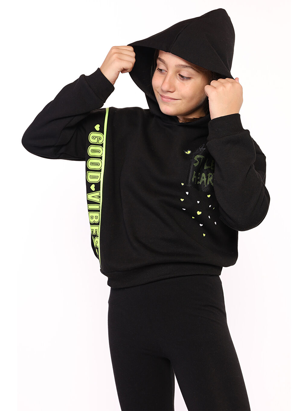 Siyah Kız Çocuk İçi Pamuklu Baskılı Sweatshirt-2