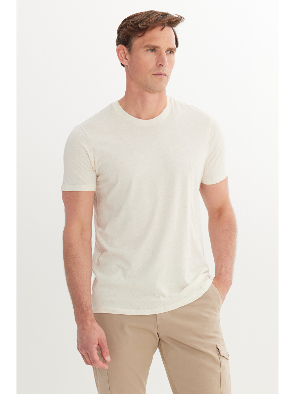 Erkek Açık Bej Slim Fit Dar Kesim Pamuklu Bisiklet Yaka Tişört-2