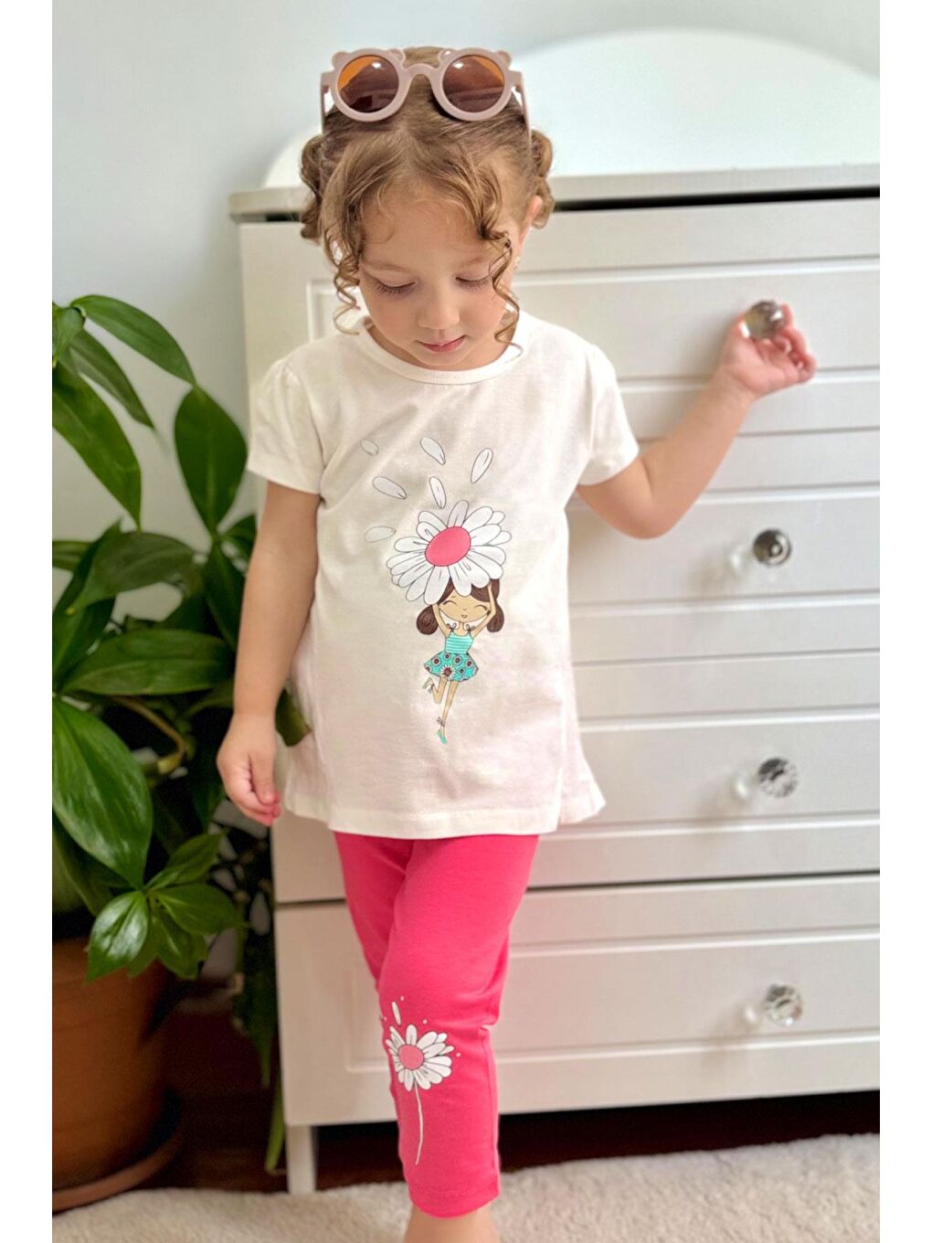 Kız Çocuk Kapri Taytlı Takım Papatya Perisi Ekru (2-5 Yaş)-1