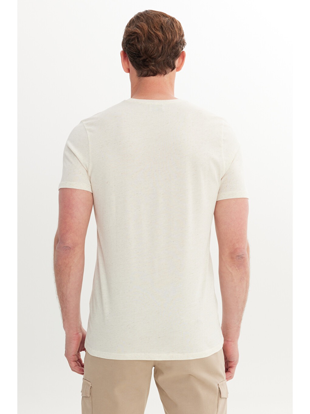 Erkek Açık Bej Slim Fit Dar Kesim Pamuklu Bisiklet Yaka Tişört-4