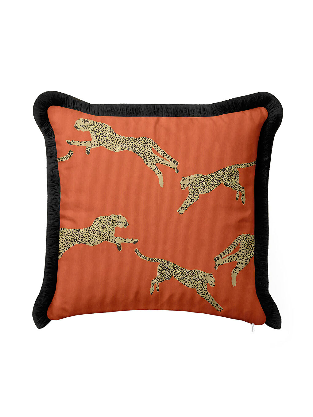 Karışık Leopar Figürlü Saçaklı Yastık Kılıfı - Egzotik Safari Bohem Turuncu Siyah Püsküllü Kırlent Kılıfı-2
