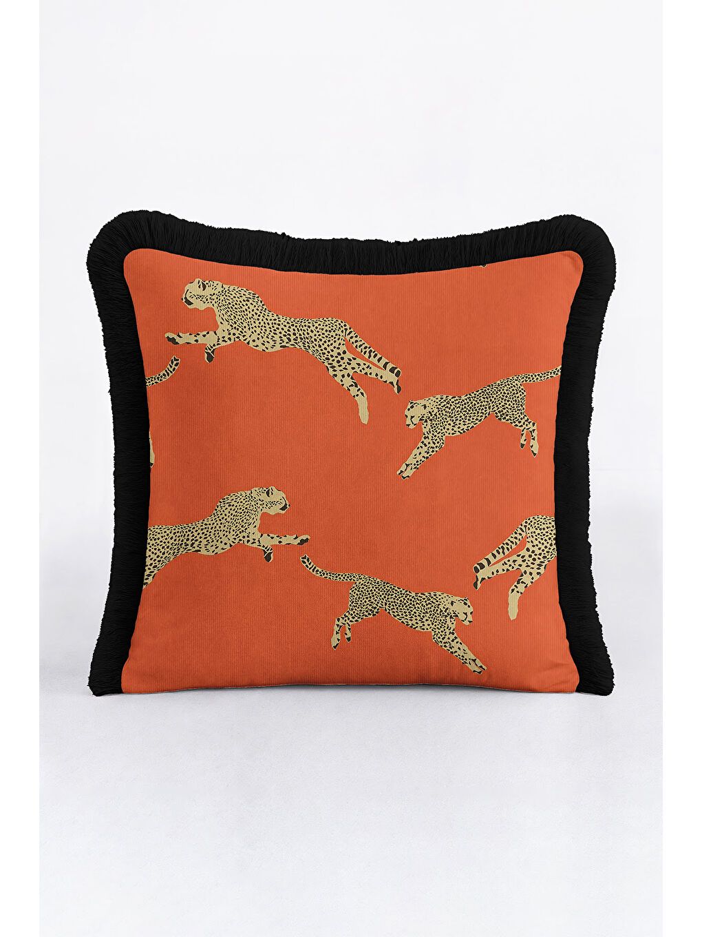 Karışık Leopar Figürlü Saçaklı Yastık Kılıfı - Egzotik Safari Bohem Turuncu Siyah Püsküllü Kırlent Kılıfı-3