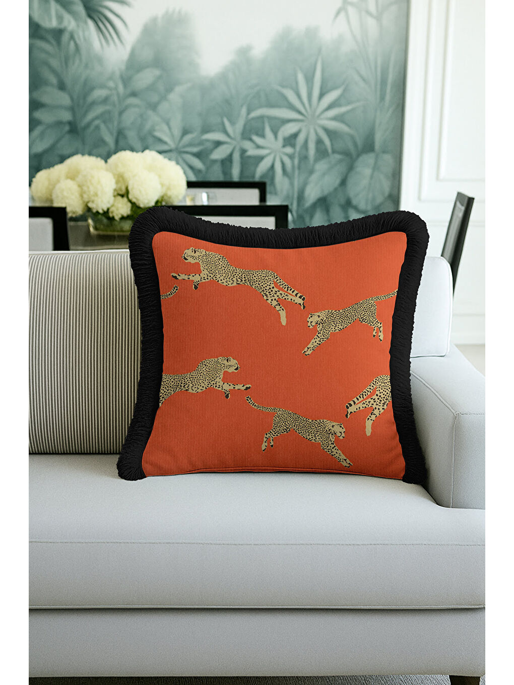 Karışık Leopar Figürlü Saçaklı Yastık Kılıfı - Egzotik Safari Bohem Turuncu Siyah Püsküllü Kırlent Kılıfı-4