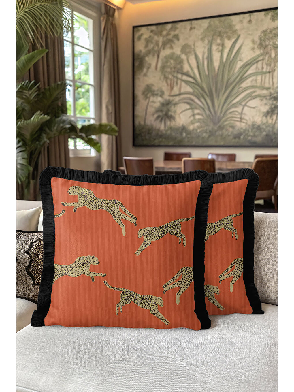 Karışık Leopar Figürlü Saçaklı Yastık Kılıfı - Egzotik Safari Bohem Turuncu Siyah Püsküllü Kırlent Kılıfı-5