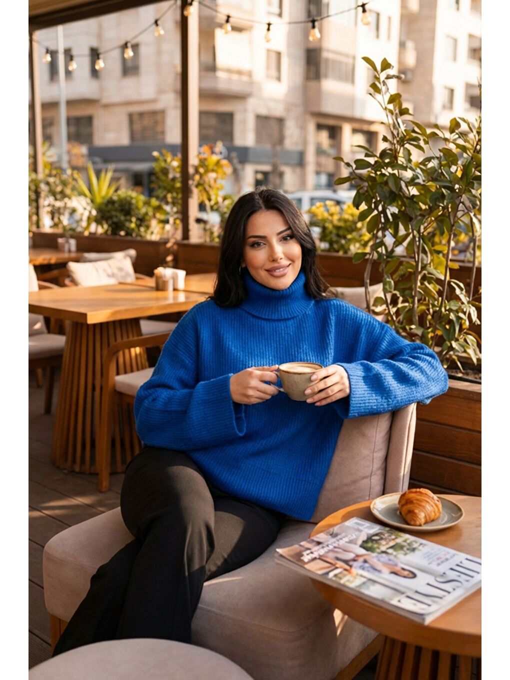 Mavi Geniş Kollu Boğazlı Triko Kazak NC-118