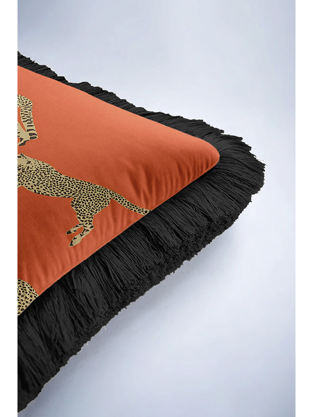 Karışık Leopar Figürlü Saçaklı Yastık Kılıfı - Egzotik Safari Bohem Turuncu Siyah Püsküllü Kırlent Kılıfı-6