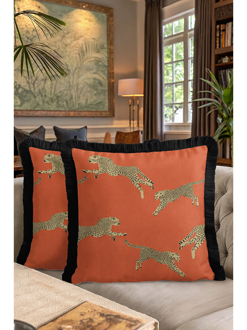 Karışık Leopar Figürlü Saçaklı Yastık Kılıfı - Egzotik Safari Bohem Turuncu Siyah Püsküllü Kırlent Kılıfı-7