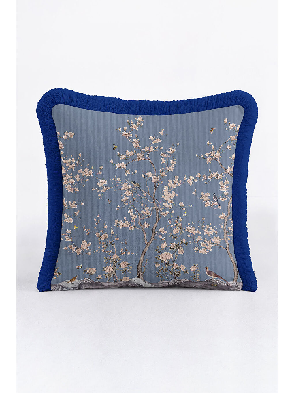 Karışık Çiçekli Bahar Dalı Saçaklı Yastık Kılıfı - Kuşlu Doğal Etnik Mavi Püsküllü Kırlent Kılıfı-1
