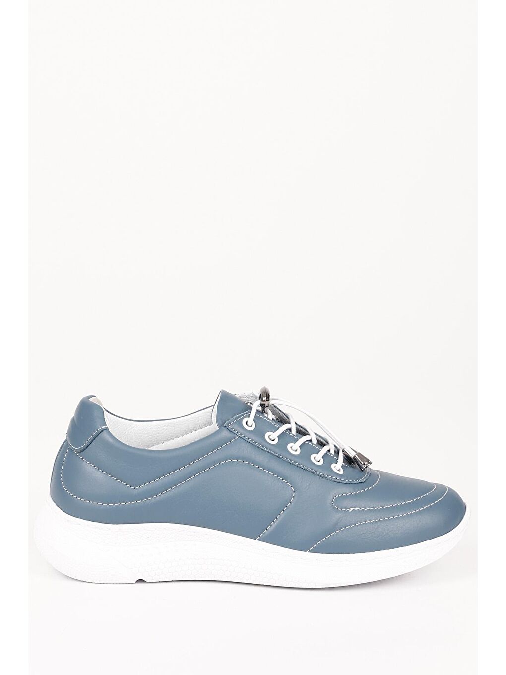 Mavi Hakiki Deri Yuvarlak Burun Dolgu Taban Bağcıklı  Kadın Sneaker 42320-3