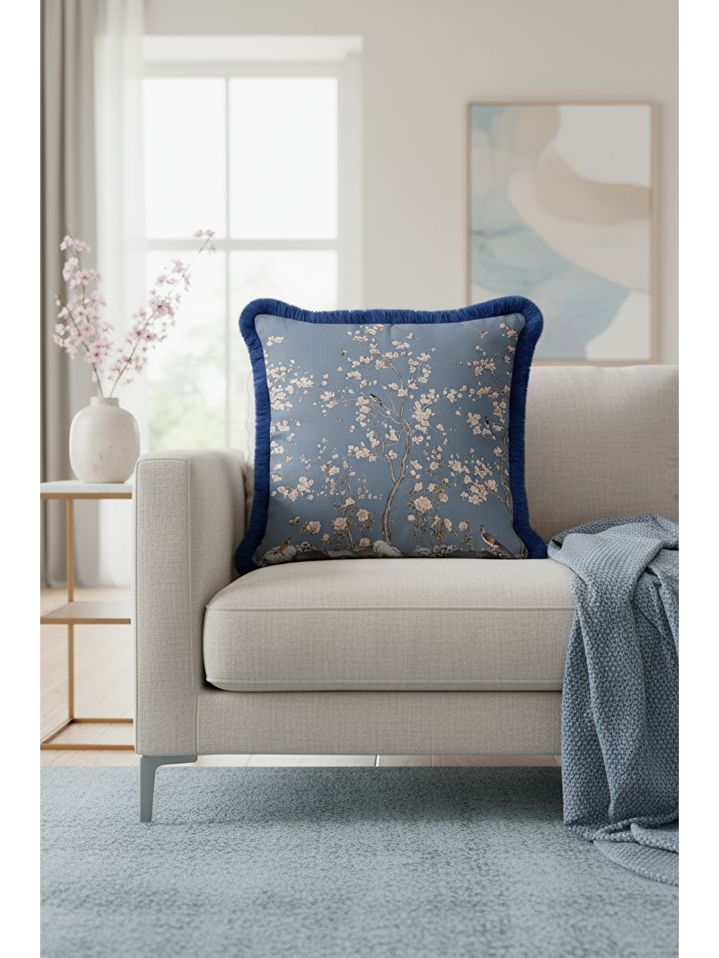 Karışık Çiçekli Bahar Dalı Saçaklı Yastık Kılıfı - Kuşlu Doğal Etnik Mavi Püsküllü Kırlent Kılıfı-2