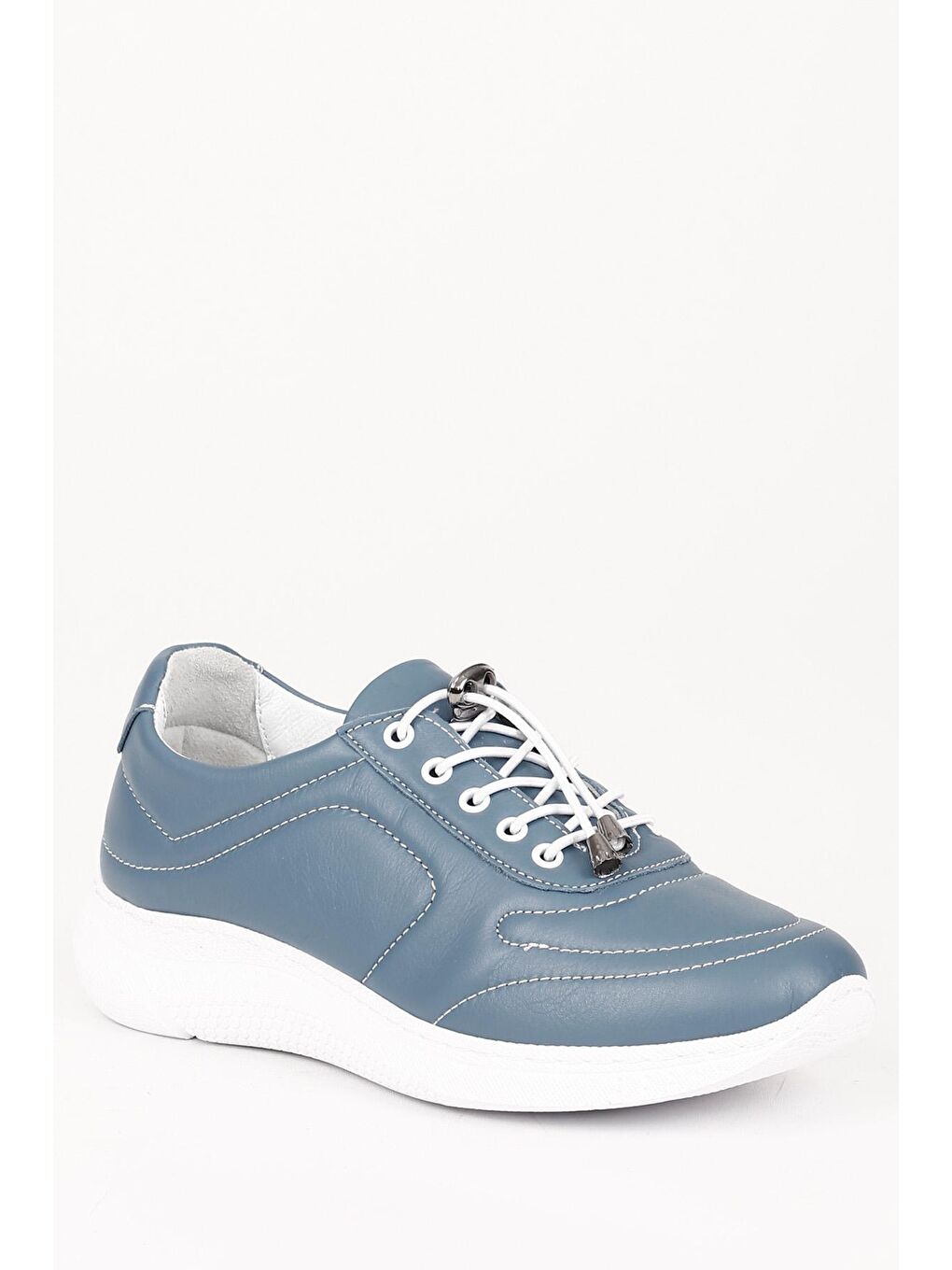 Mavi Hakiki Deri Yuvarlak Burun Dolgu Taban Bağcıklı  Kadın Sneaker 42320-4