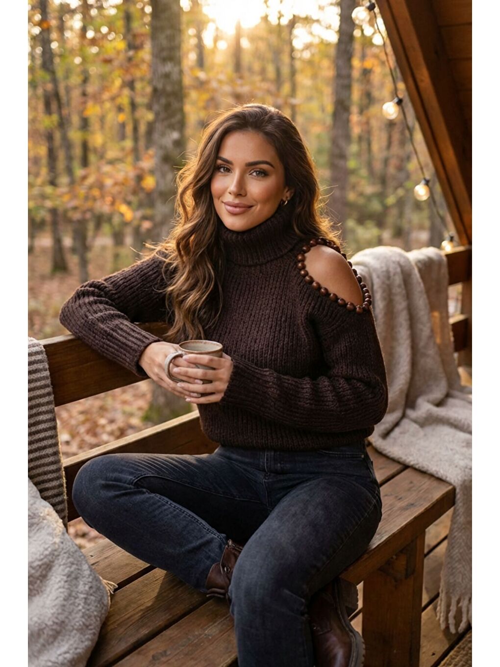 Kahverengi Omzu Boncuk Detaylı Boğazlı Triko Kazak MY-170