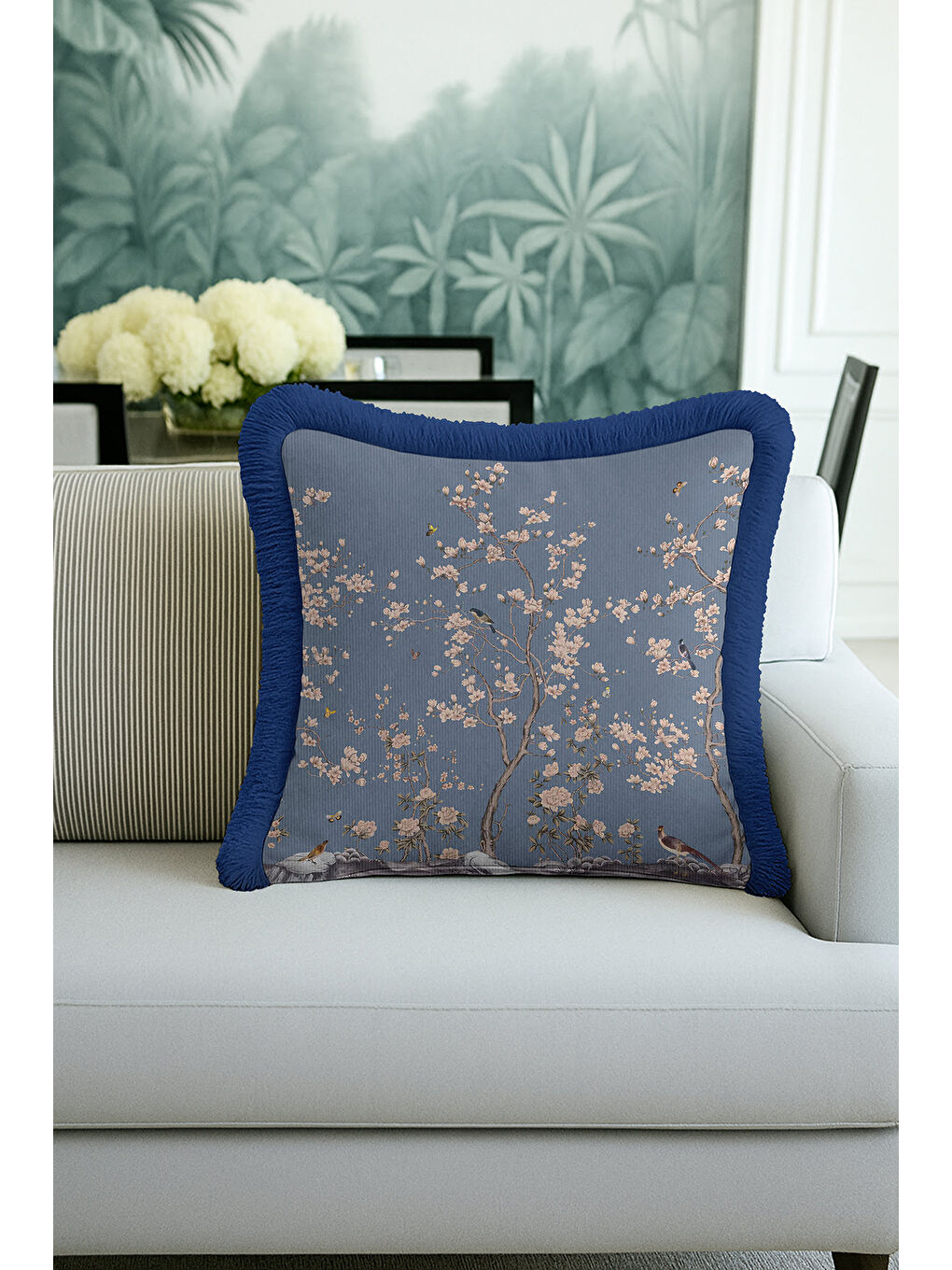 Karışık Çiçekli Bahar Dalı Saçaklı Yastık Kılıfı - Kuşlu Doğal Etnik Mavi Püsküllü Kırlent Kılıfı-3