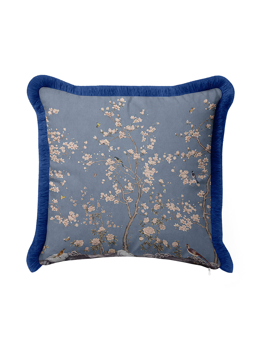 Karışık Çiçekli Bahar Dalı Saçaklı Yastık Kılıfı - Kuşlu Doğal Etnik Mavi Püsküllü Kırlent Kılıfı-4