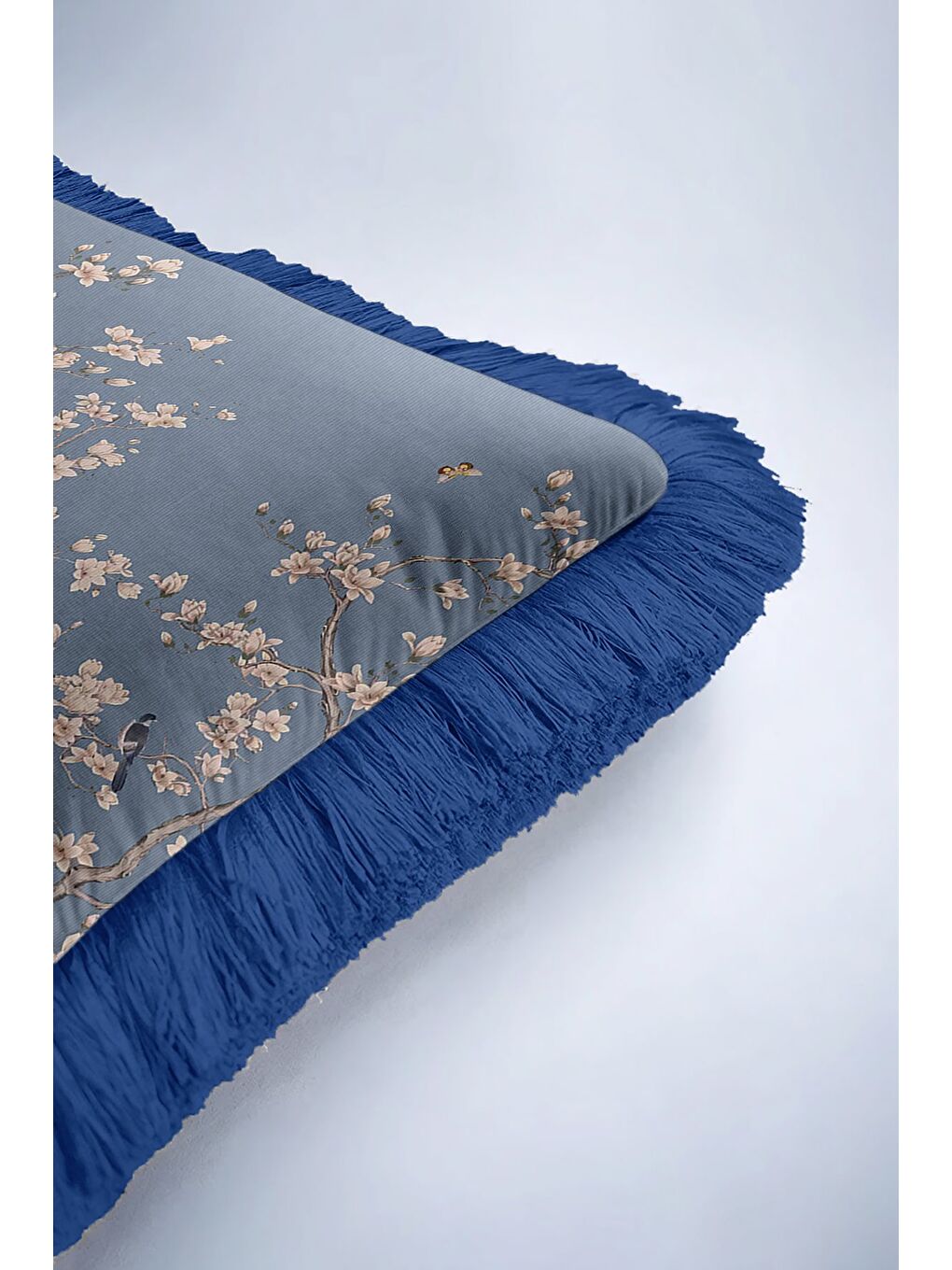Karışık Çiçekli Bahar Dalı Saçaklı Yastık Kılıfı - Kuşlu Doğal Etnik Mavi Püsküllü Kırlent Kılıfı-6