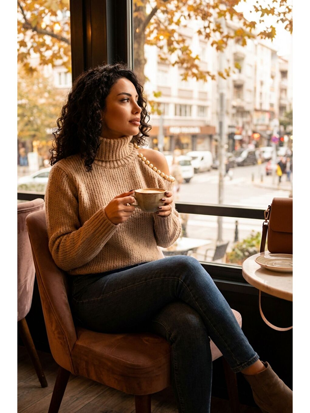 Bej Omzu Boncuk Detaylı Boğazlı Triko Kazak MY-170