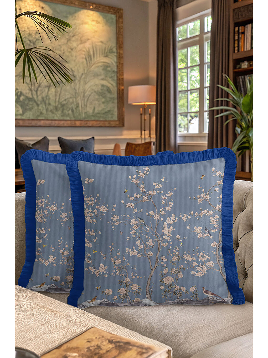 Karışık Çiçekli Bahar Dalı Saçaklı Yastık Kılıfı - Kuşlu Doğal Etnik Mavi Püsküllü Kırlent Kılıfı-7