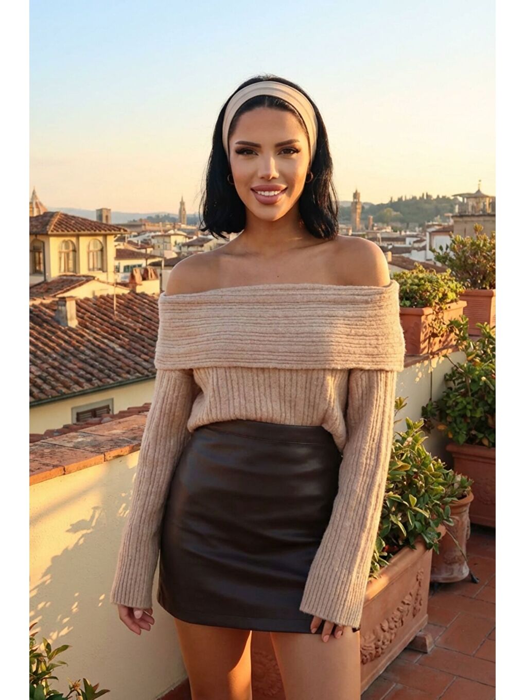 Bej Omzu Açık Fitilli Triko Kazak F-040