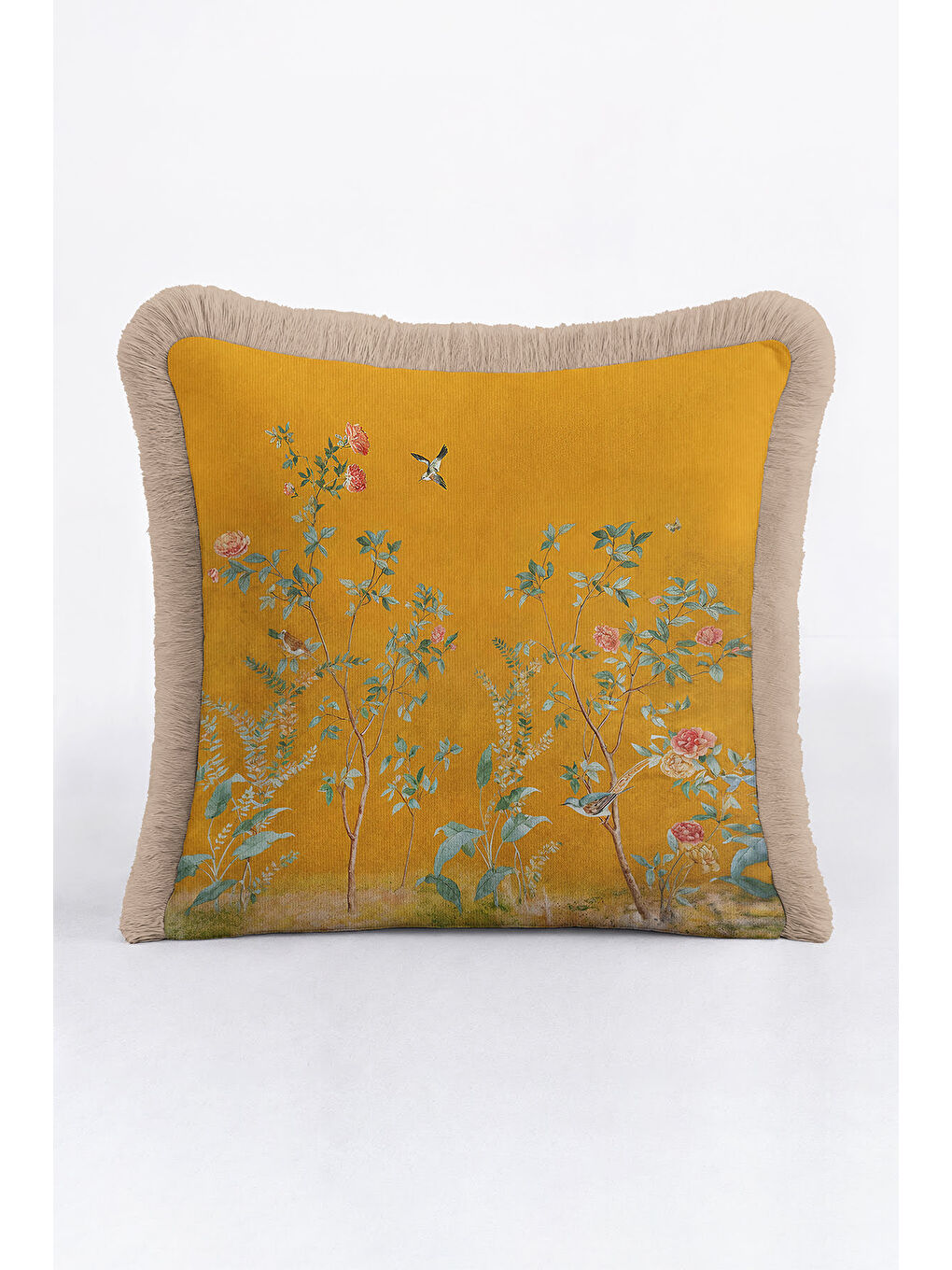 Karışık Lüks Bahar Bahçesi Saçaklı Yastık Kılıfı - Zarif Botanik Klasik Altın Renkli Püsküllü Kırlent Kılıfı-2