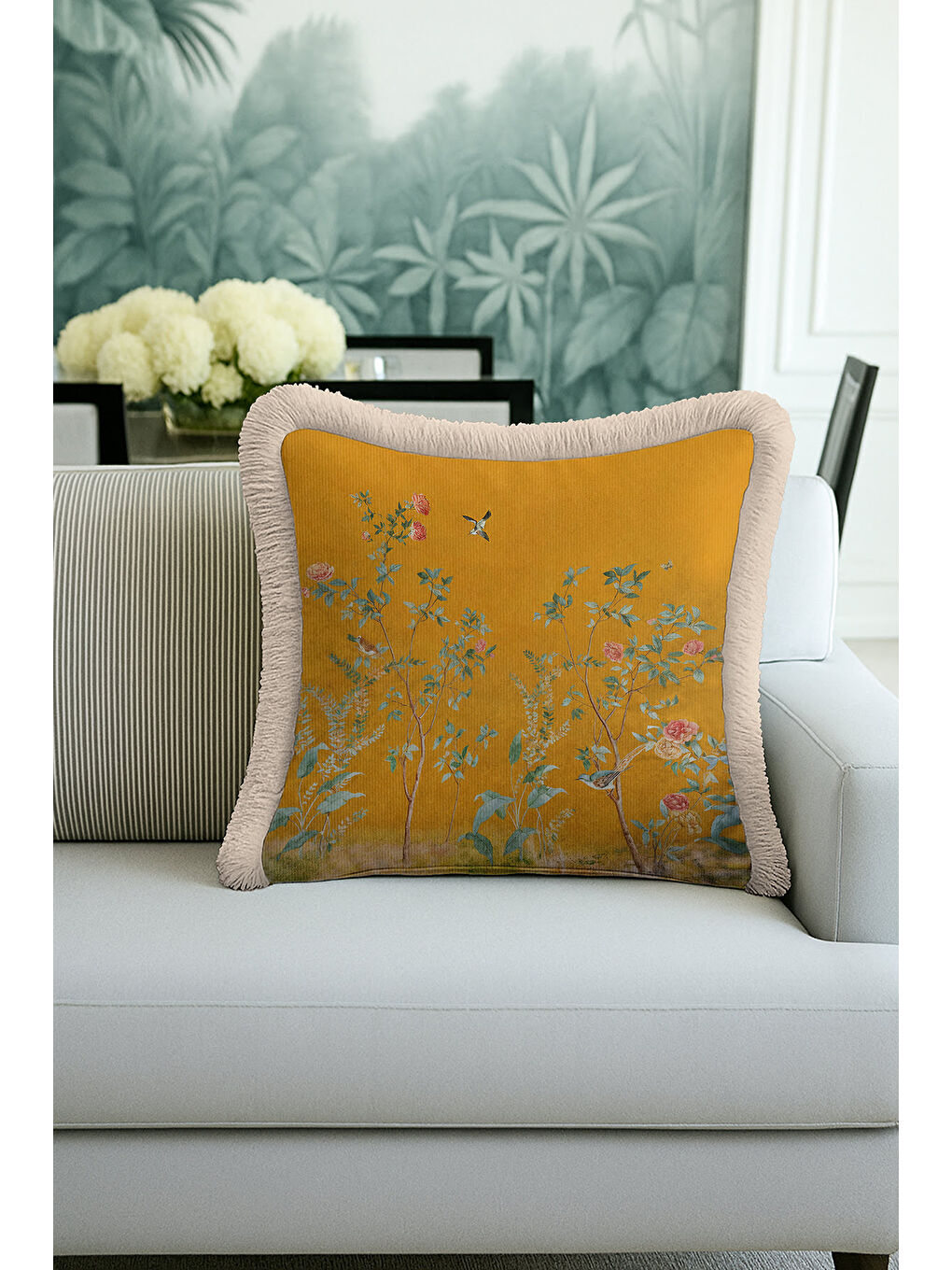 Karışık Lüks Bahar Bahçesi Saçaklı Yastık Kılıfı - Zarif Botanik Klasik Altın Renkli Püsküllü Kırlent Kılıfı-3