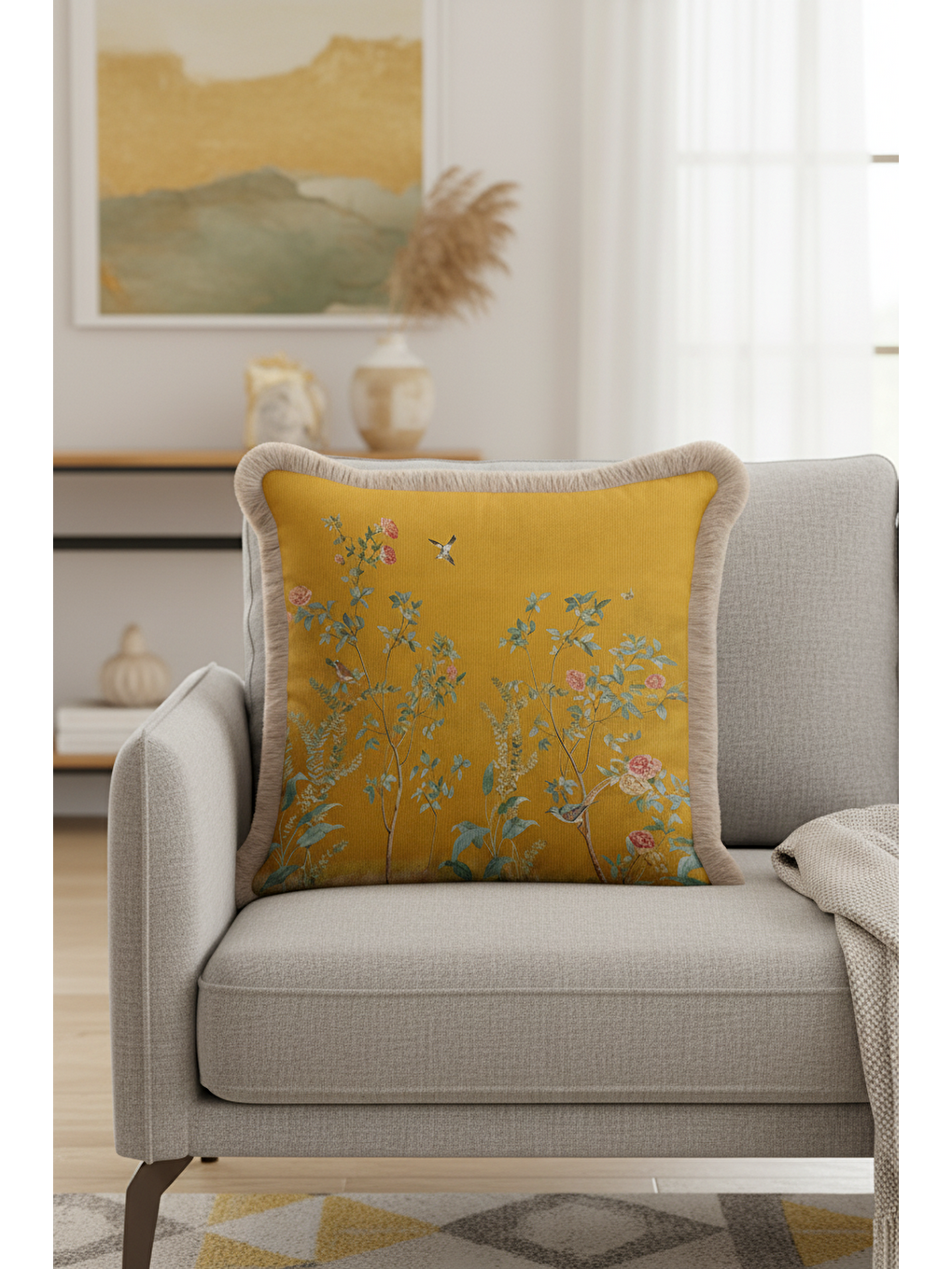 Karışık Lüks Bahar Bahçesi Saçaklı Yastık Kılıfı - Zarif Botanik Klasik Altın Renkli Püsküllü Kırlent Kılıfı-4