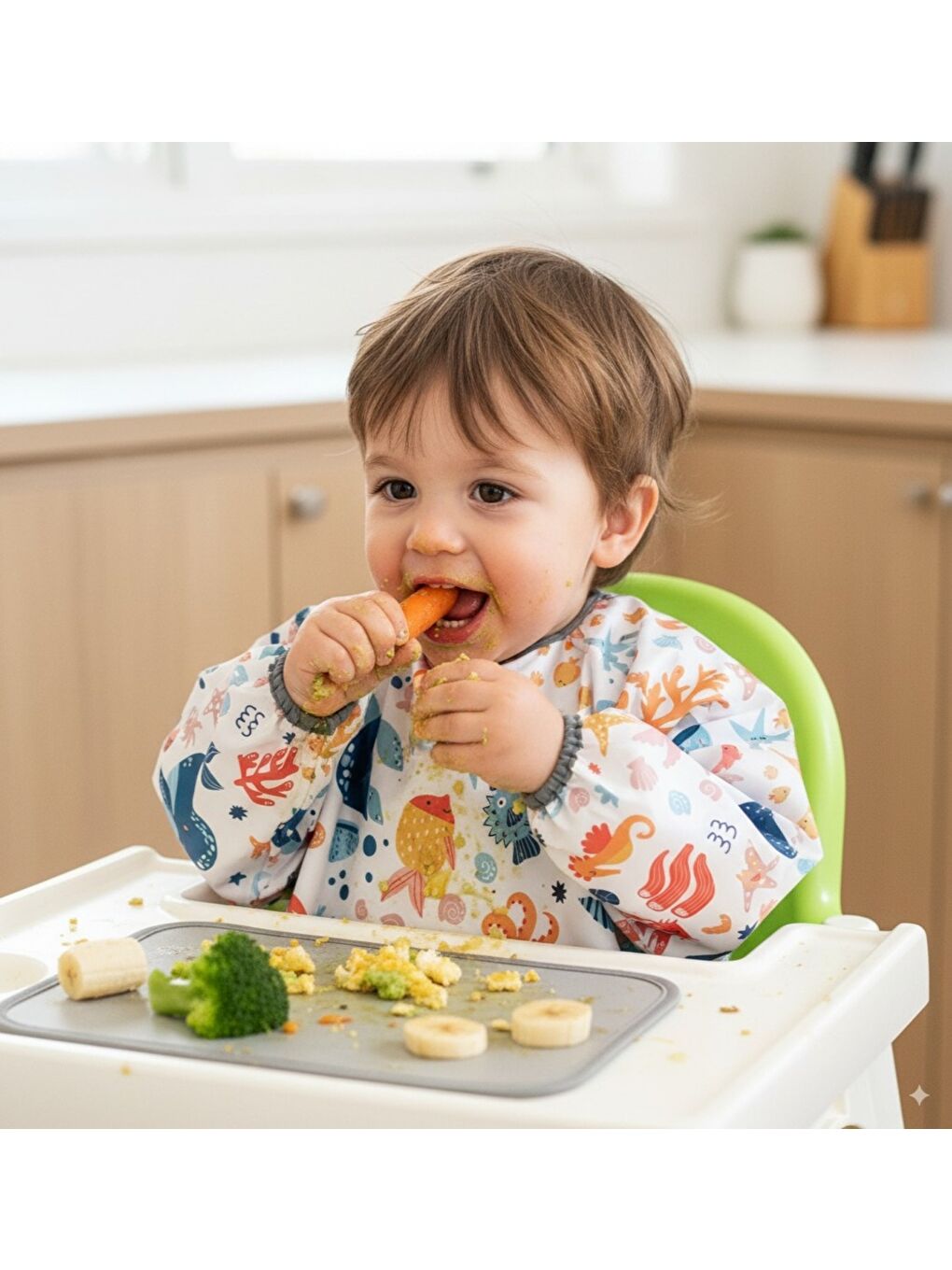 2-4 yaş, SEA, Sıvı Geçirmez, Makinede Yıkanabilir, Cepli, Oeko-tex 100, Uzun Kollu Bebek Mama Önlüğü