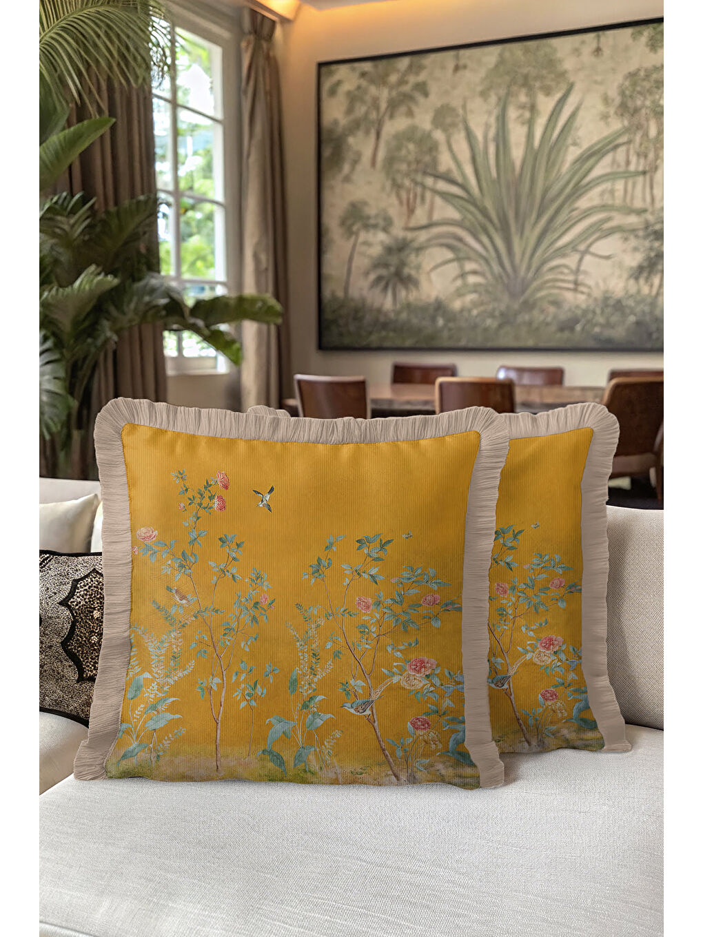 Karışık Lüks Bahar Bahçesi Saçaklı Yastık Kılıfı - Zarif Botanik Klasik Altın Renkli Püsküllü Kırlent Kılıfı-5