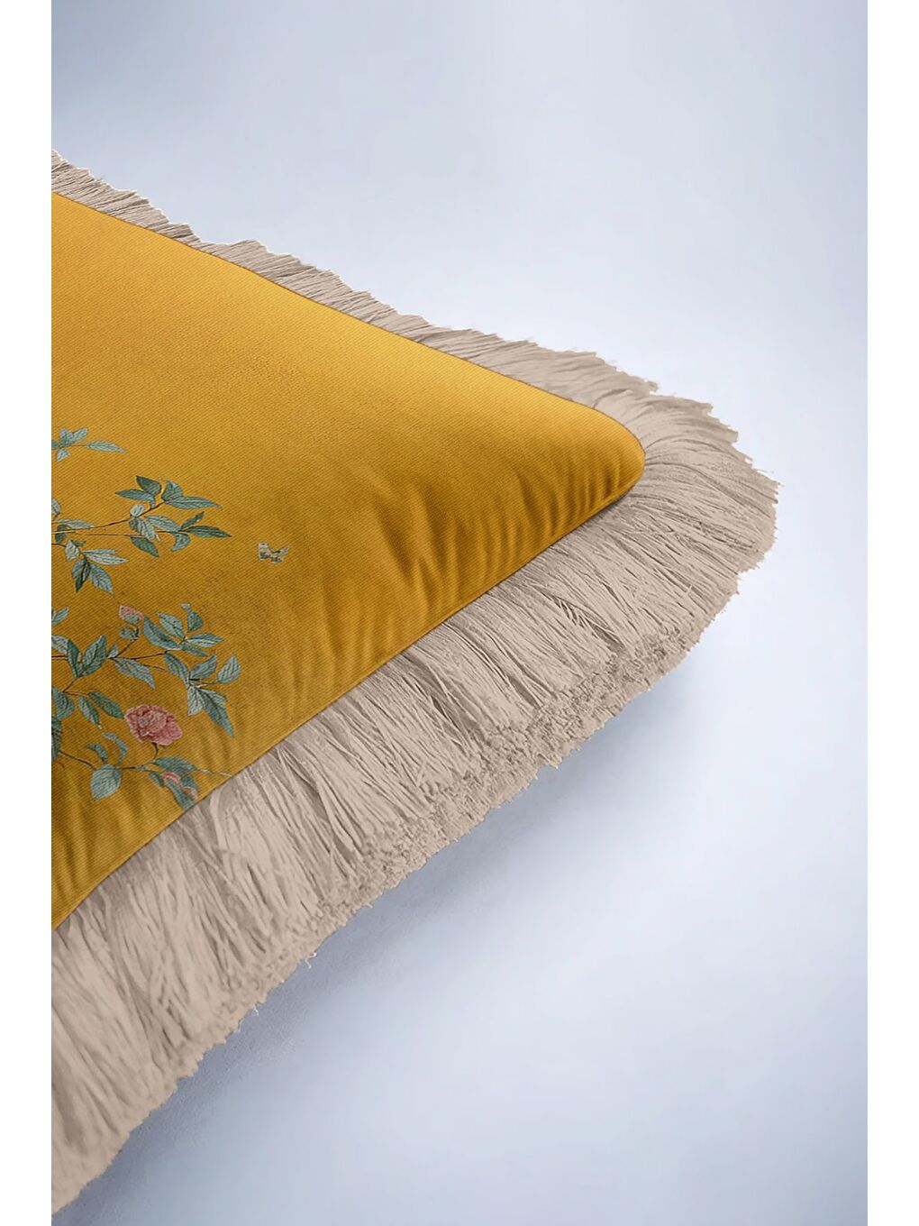 Karışık Lüks Bahar Bahçesi Saçaklı Yastık Kılıfı - Zarif Botanik Klasik Altın Renkli Püsküllü Kırlent Kılıfı-6