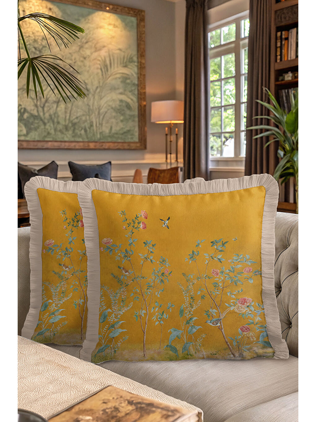 Karışık Lüks Bahar Bahçesi Saçaklı Yastık Kılıfı - Zarif Botanik Klasik Altın Renkli Püsküllü Kırlent Kılıfı-7