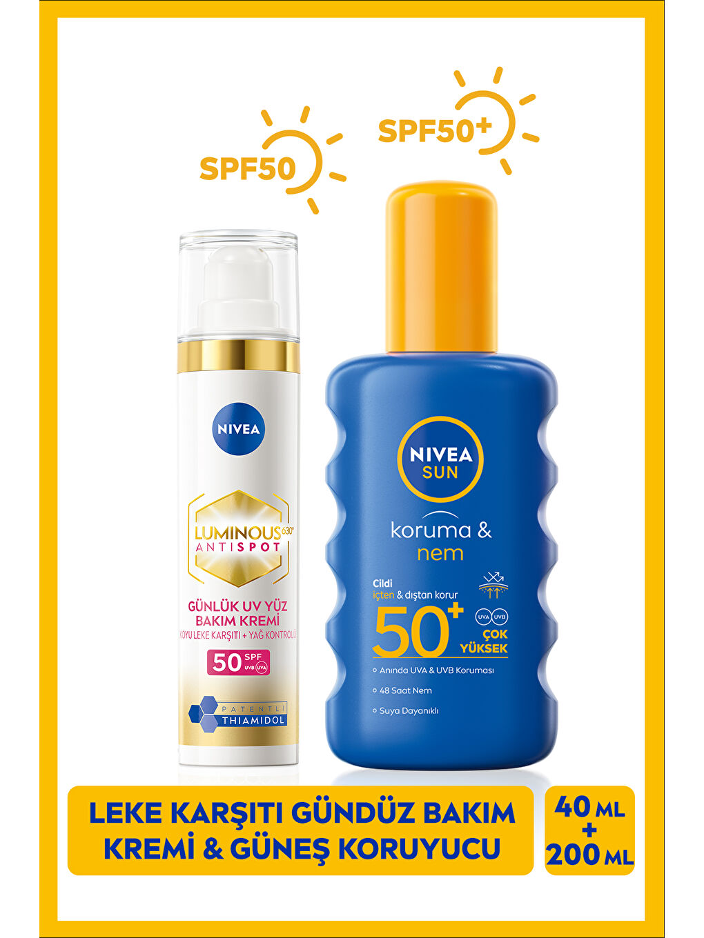 SUN Güneş Koruyucu Vücut Spreyi 200ml ve Luminous630 Thiamidol Etkilİ Leke Karşıtı Gündüz Kremi 40ml