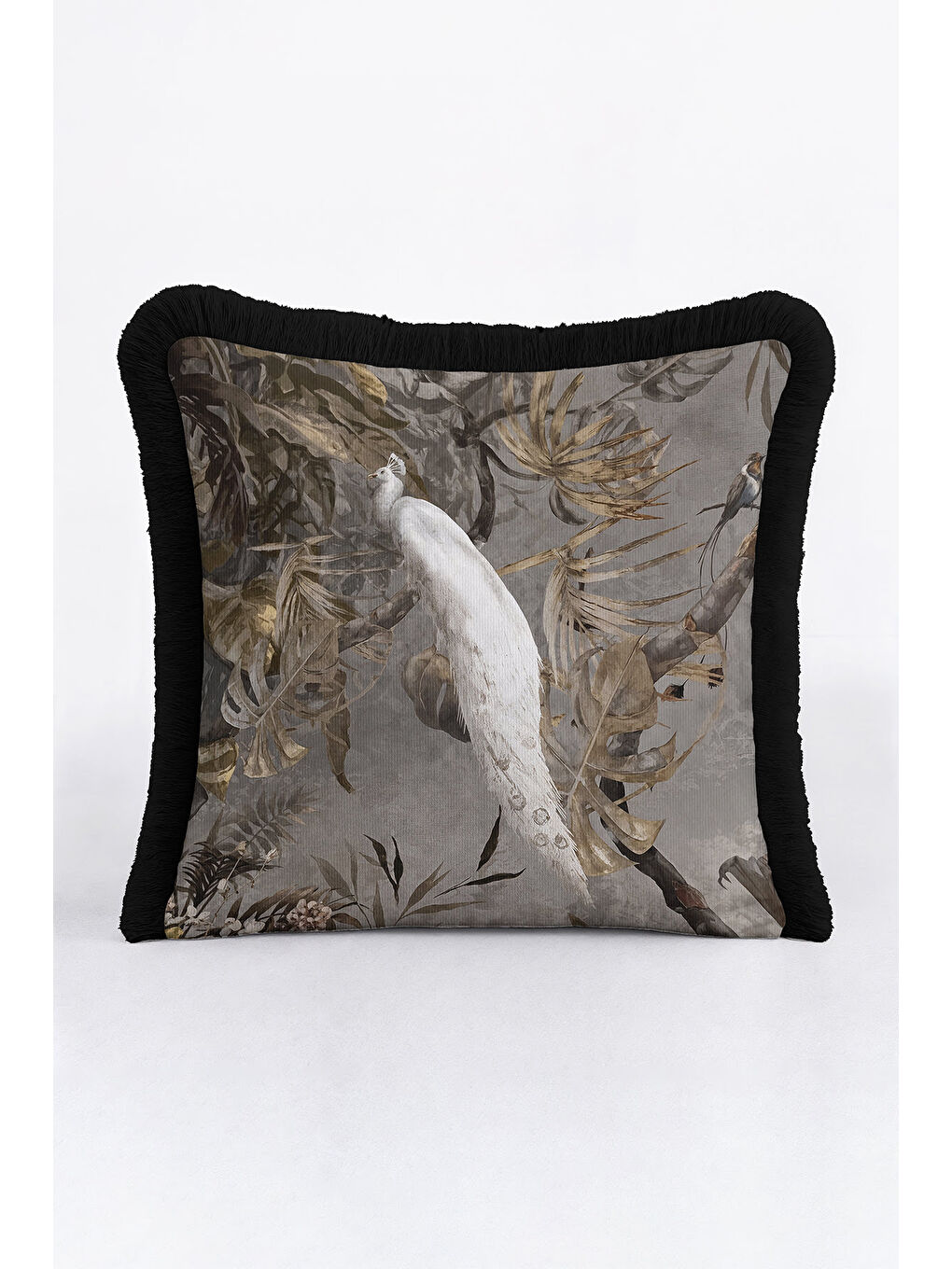 Karışık Zarif Tropikal Kuşlar Saçaklı Yastık Kılıfı - Klasik Doğal Etnik Gri Altın Püsküllü Kırlent Kılıfı