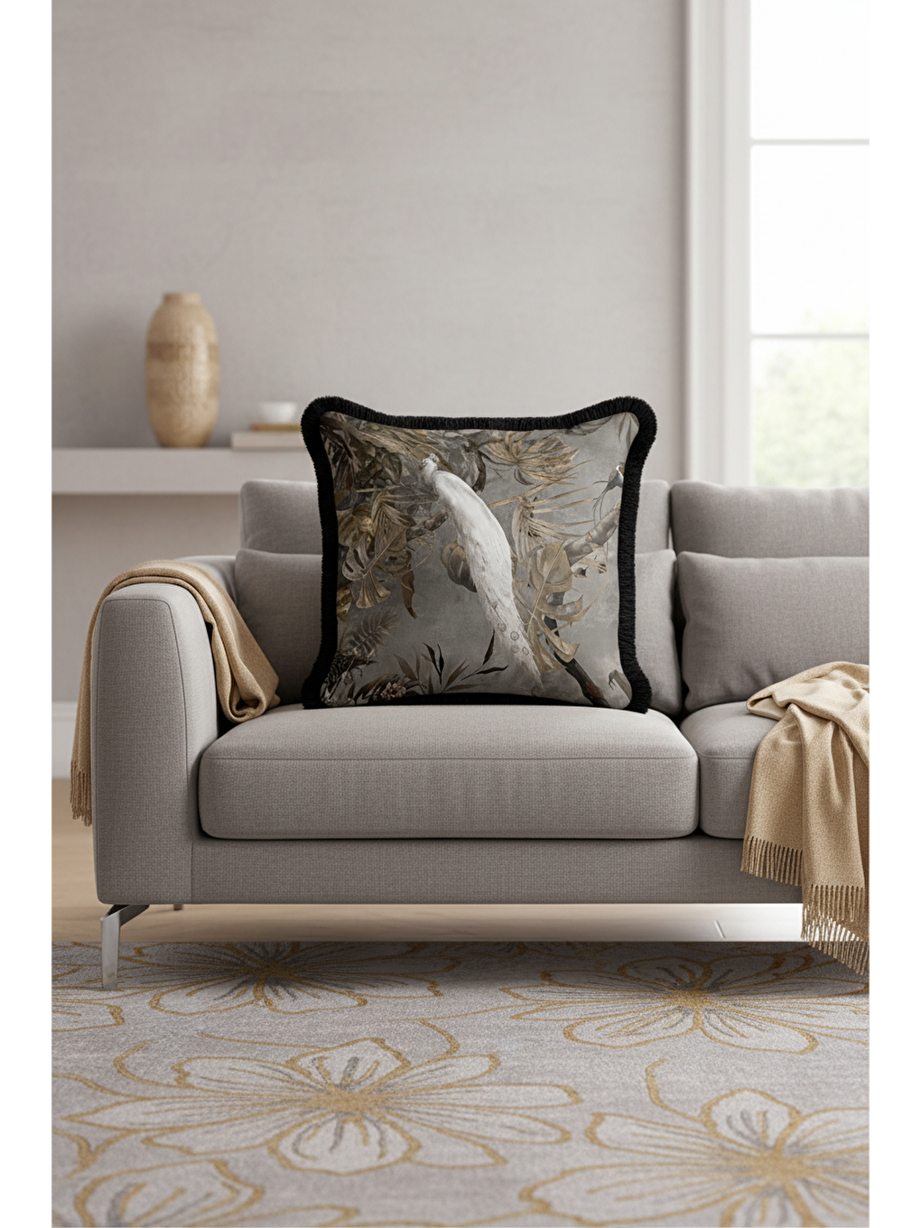 Karışık Zarif Tropikal Kuşlar Saçaklı Yastık Kılıfı - Klasik Doğal Etnik Gri Altın Püsküllü Kırlent Kılıfı-1