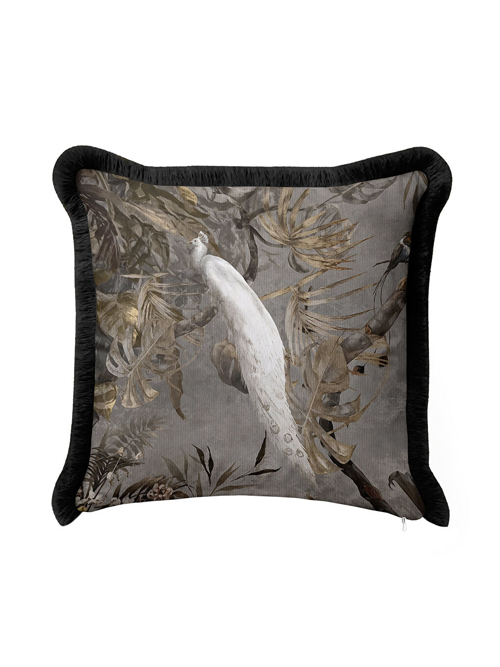 Karışık Zarif Tropikal Kuşlar Saçaklı Yastık Kılıfı - Klasik Doğal Etnik Gri Altın Püsküllü Kırlent Kılıfı-2