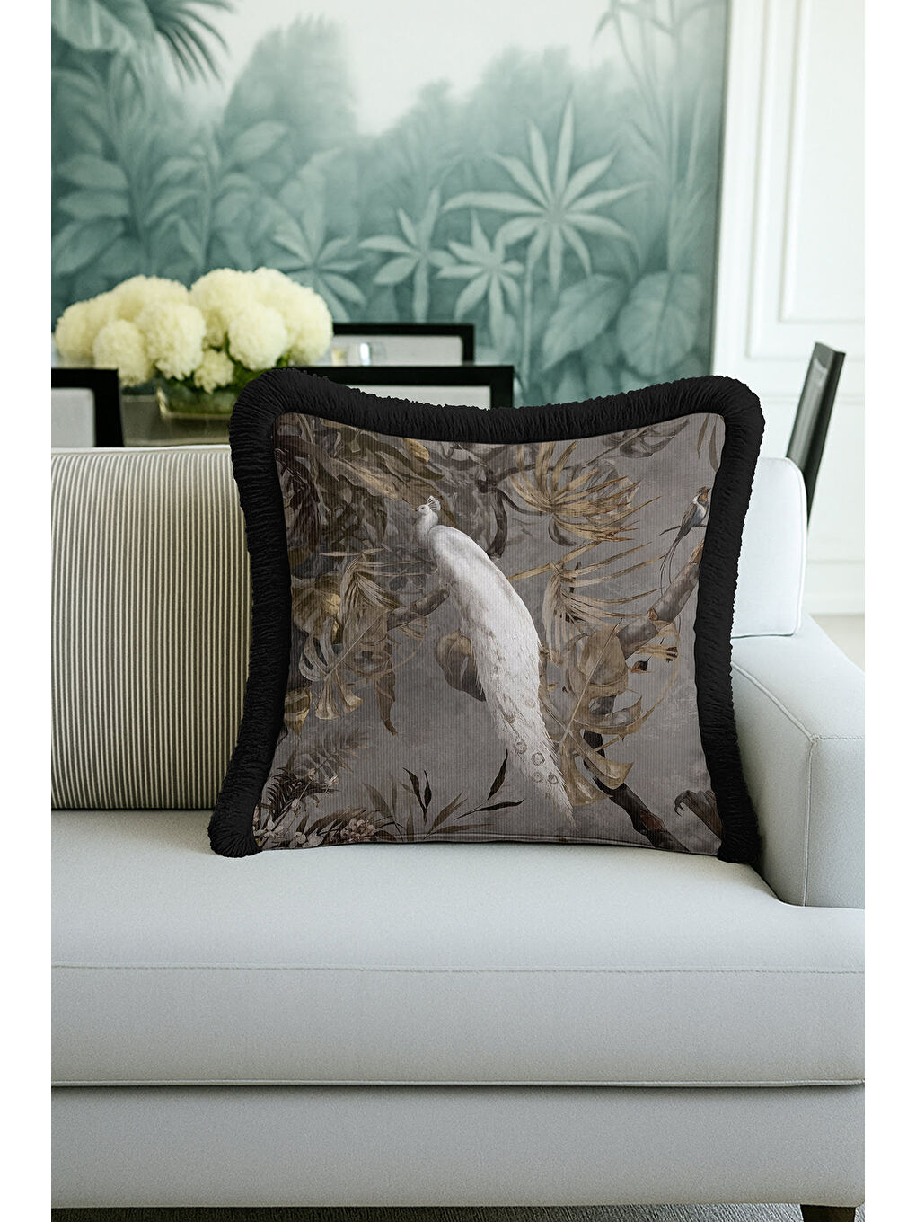 Karışık Zarif Tropikal Kuşlar Saçaklı Yastık Kılıfı - Klasik Doğal Etnik Gri Altın Püsküllü Kırlent Kılıfı-3