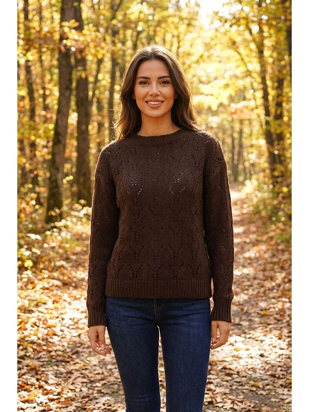 Kahverengi Yarım Balıkçı Yaka Desenli Triko Kazak E-133