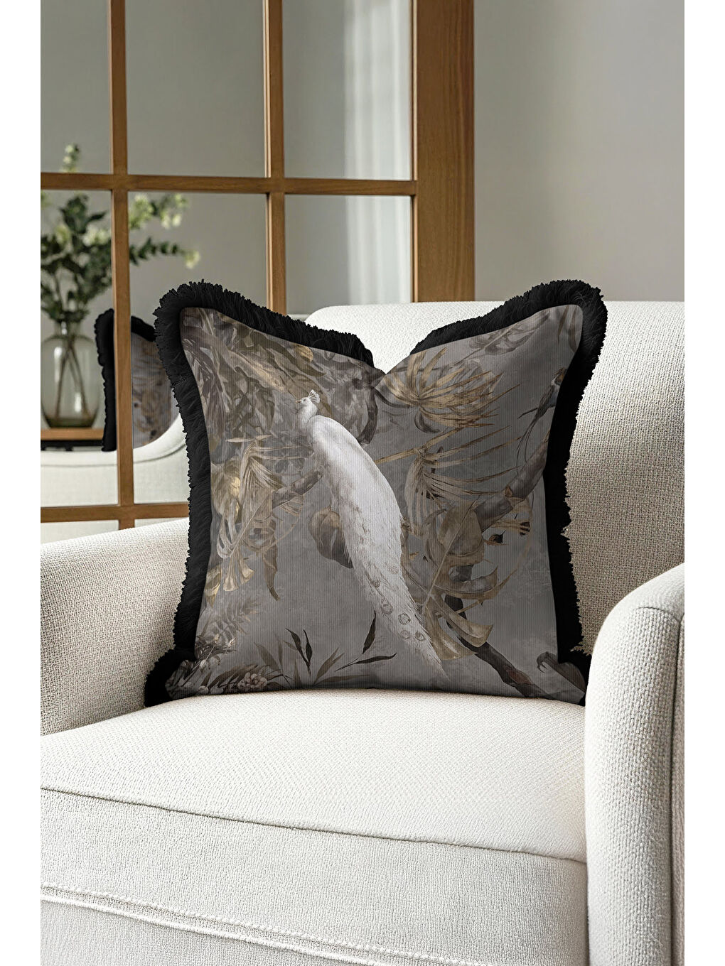 Karışık Zarif Tropikal Kuşlar Saçaklı Yastık Kılıfı - Klasik Doğal Etnik Gri Altın Püsküllü Kırlent Kılıfı-4