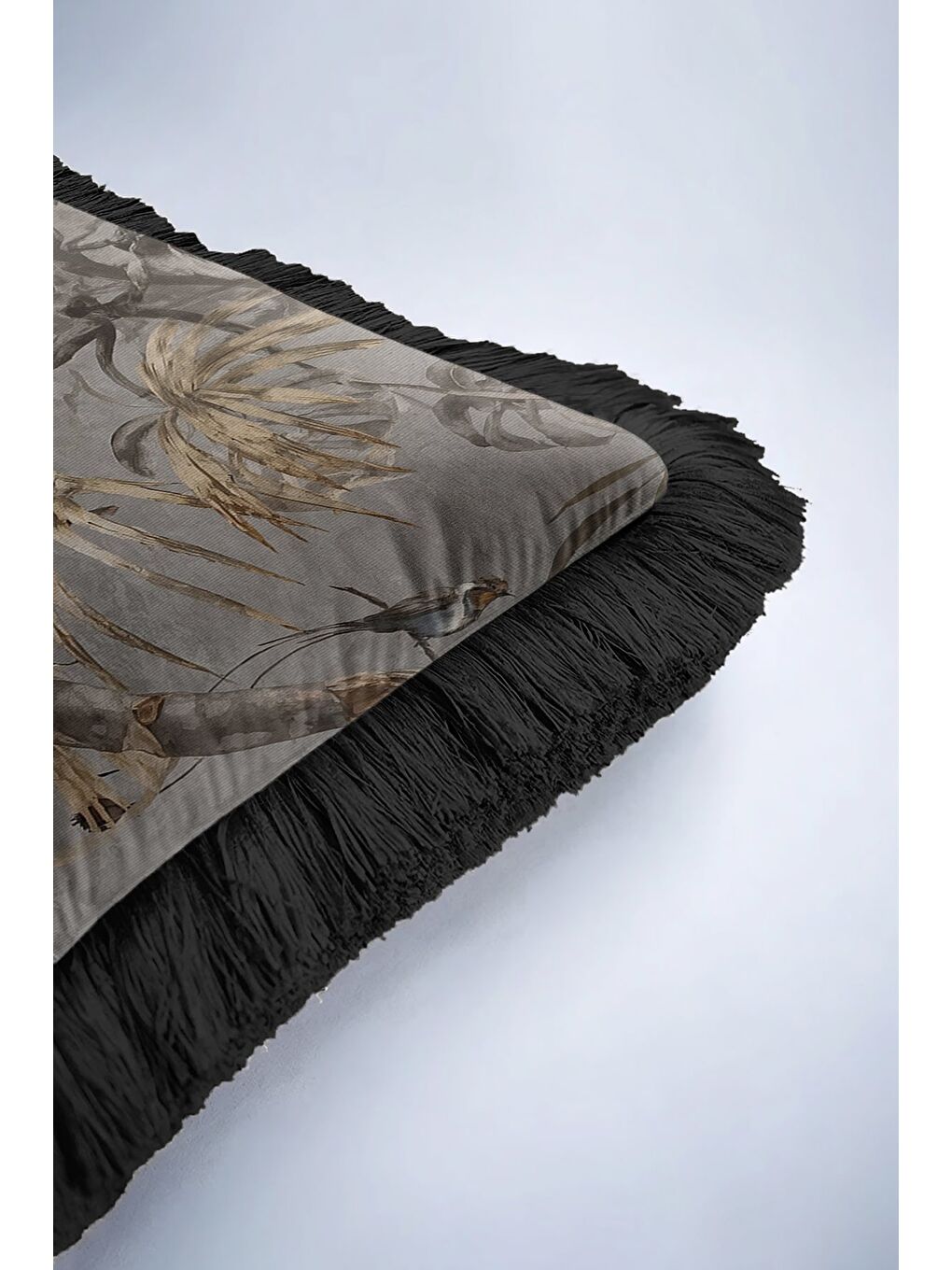 Karışık Zarif Tropikal Kuşlar Saçaklı Yastık Kılıfı - Klasik Doğal Etnik Gri Altın Püsküllü Kırlent Kılıfı-6