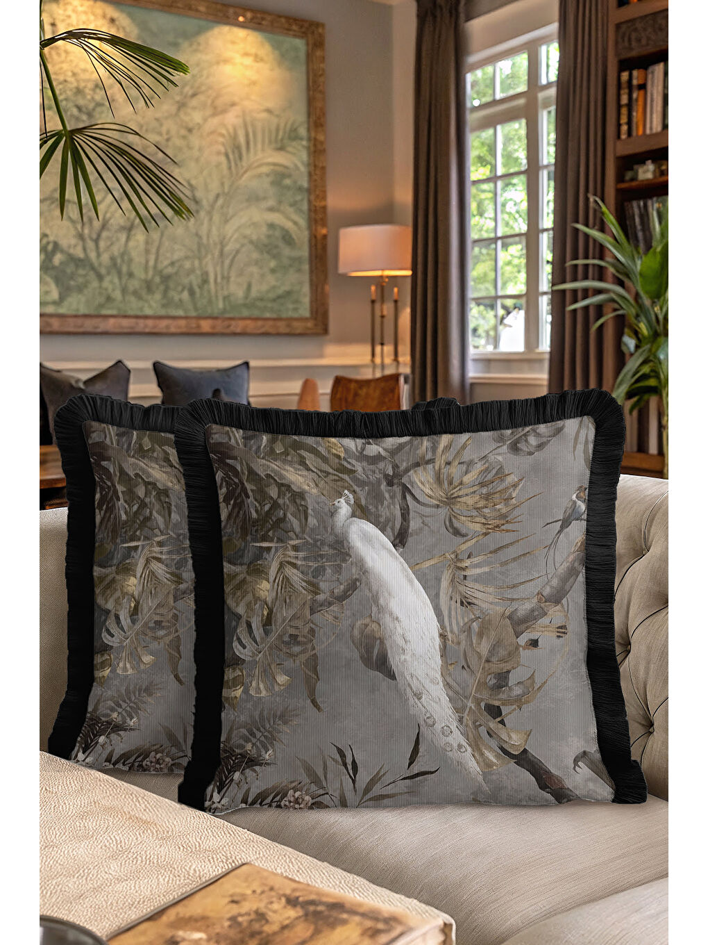 Karışık Zarif Tropikal Kuşlar Saçaklı Yastık Kılıfı - Klasik Doğal Etnik Gri Altın Püsküllü Kırlent Kılıfı-7