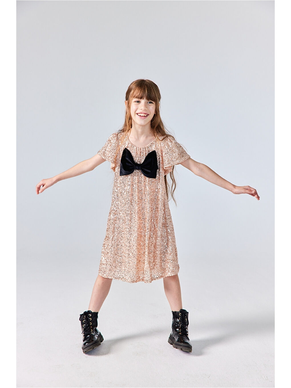 Turuncu Rose Pullu Fiyonk Detaylı Kız Çocuk Elbise - Rhea