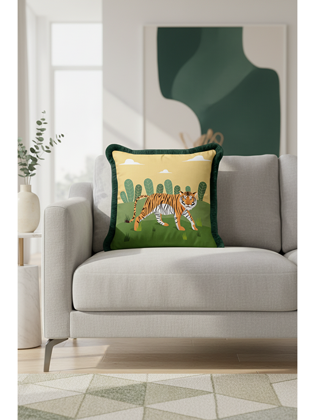 Karışık Egzotik Kaplan Figürlü Saçaklı Yastık Kılıfı - Safari Temalı Bohem Yeşil Püsküllü Kırlent Kılıfı-3