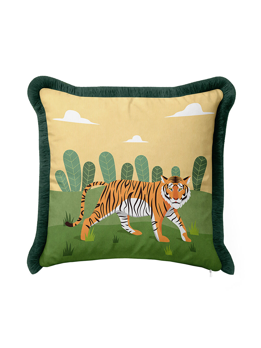 Karışık Egzotik Kaplan Figürlü Saçaklı Yastık Kılıfı - Safari Temalı Bohem Yeşil Püsküllü Kırlent Kılıfı-4
