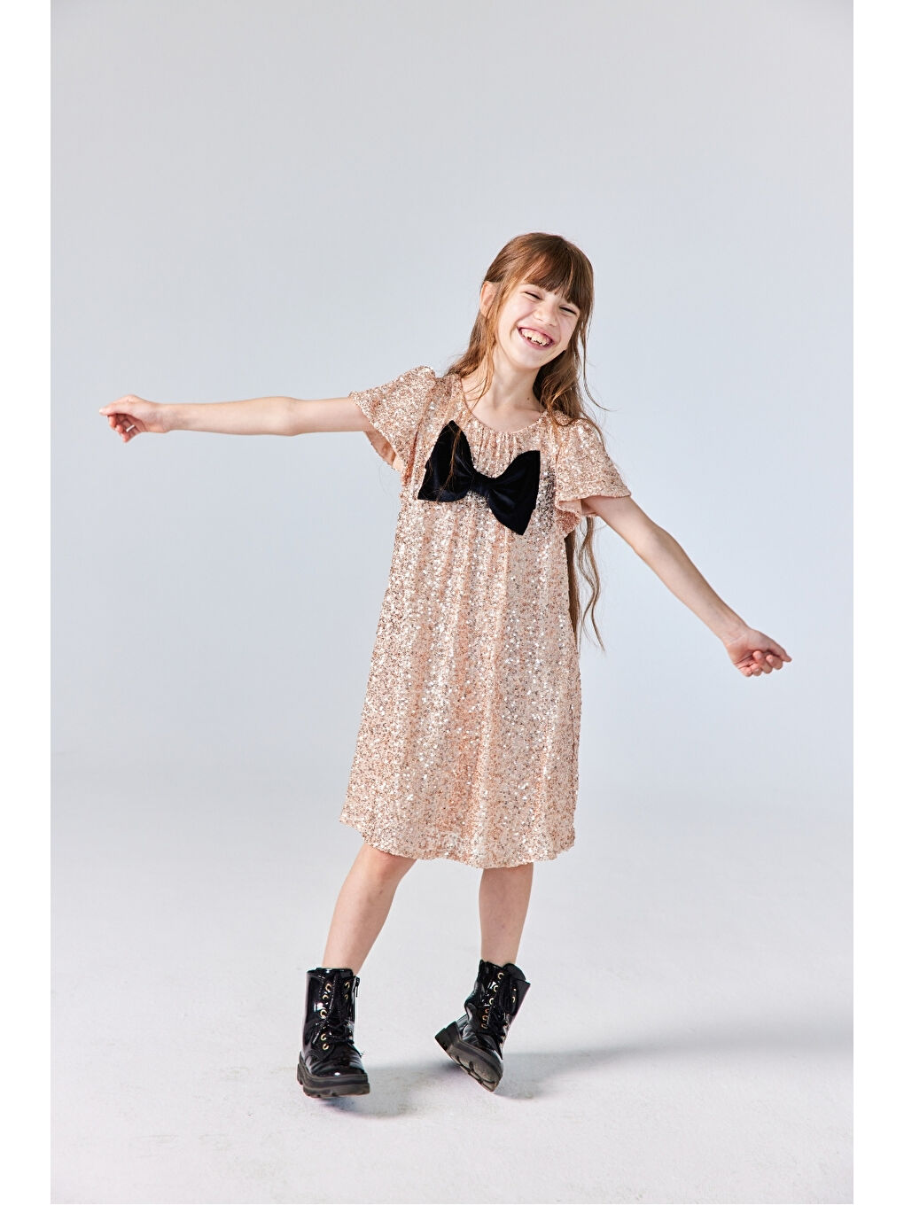 Turuncu Rose Pullu Fiyonk Detaylı Kız Çocuk Elbise - Rhea-1