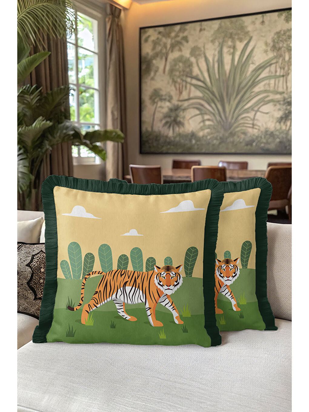 Karışık Egzotik Kaplan Figürlü Saçaklı Yastık Kılıfı - Safari Temalı Bohem Yeşil Püsküllü Kırlent Kılıfı-5