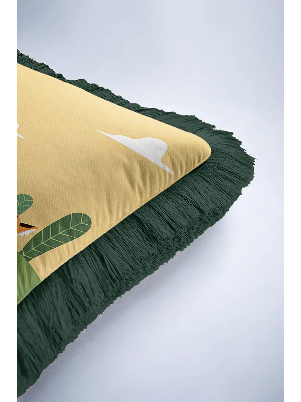 Karışık Egzotik Kaplan Figürlü Saçaklı Yastık Kılıfı - Safari Temalı Bohem Yeşil Püsküllü Kırlent Kılıfı-6