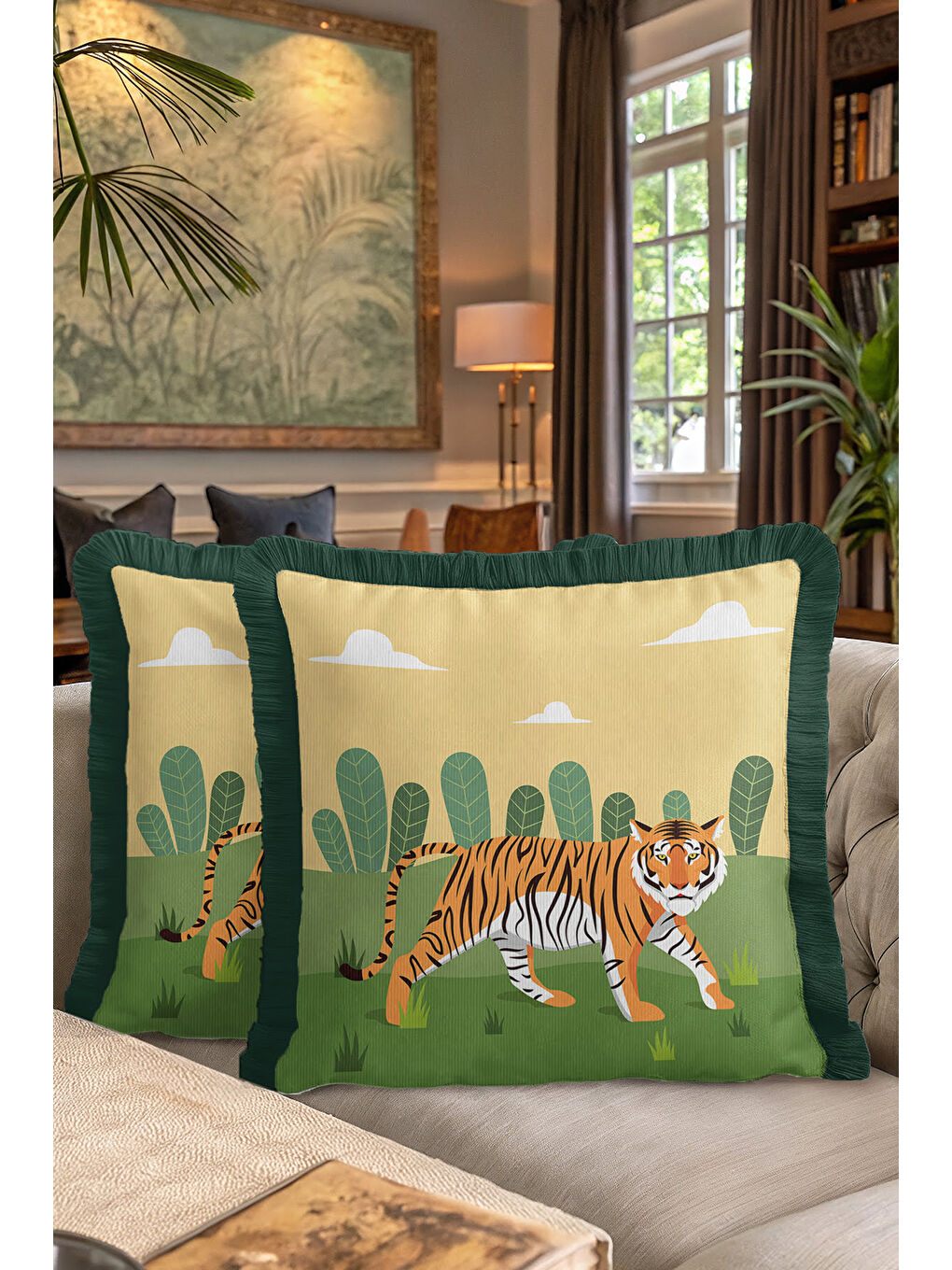 Karışık Egzotik Kaplan Figürlü Saçaklı Yastık Kılıfı - Safari Temalı Bohem Yeşil Püsküllü Kırlent Kılıfı-7