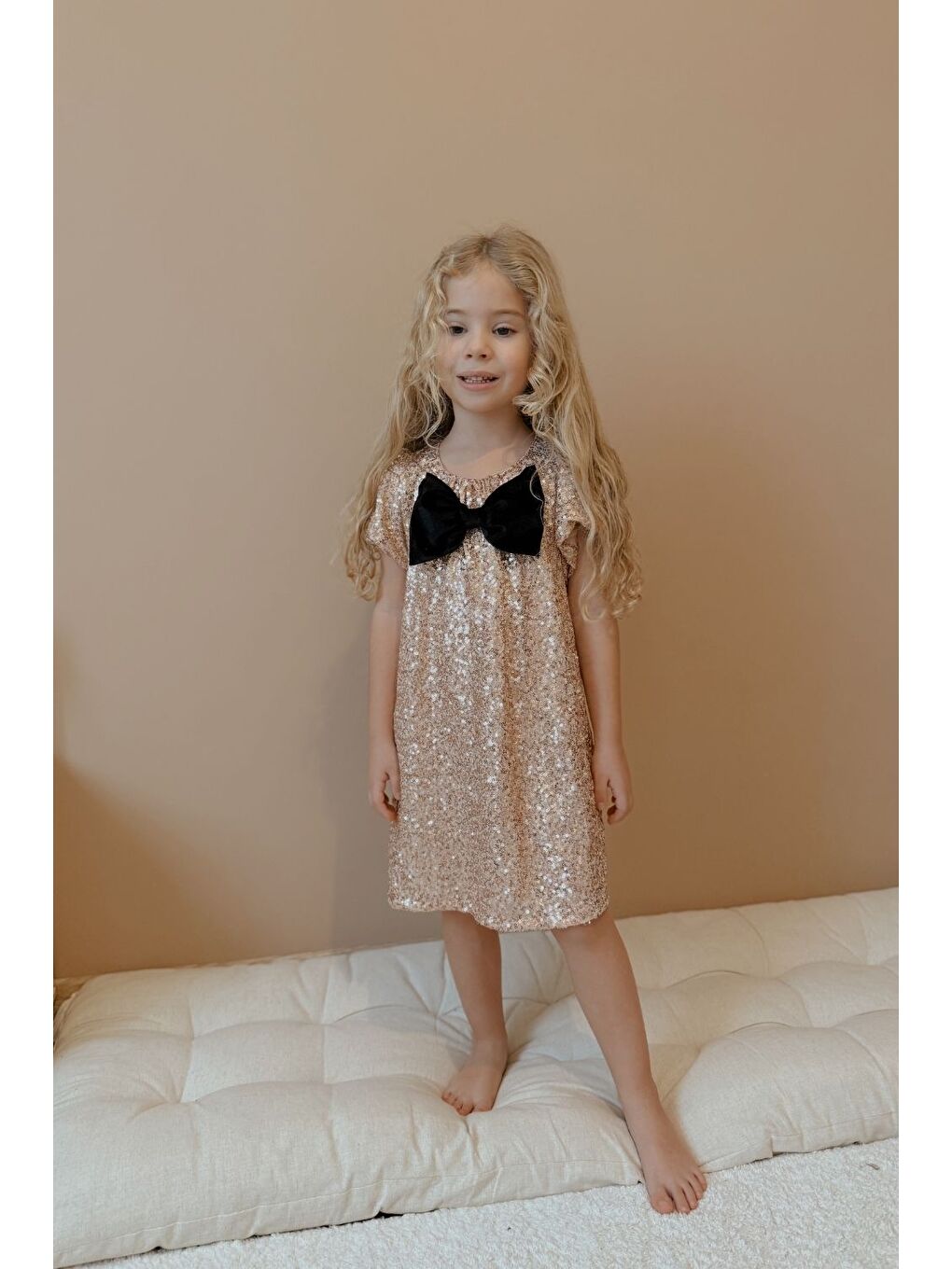 Turuncu Rose Pullu Fiyonk Detaylı Kız Çocuk Elbise - Rhea-2