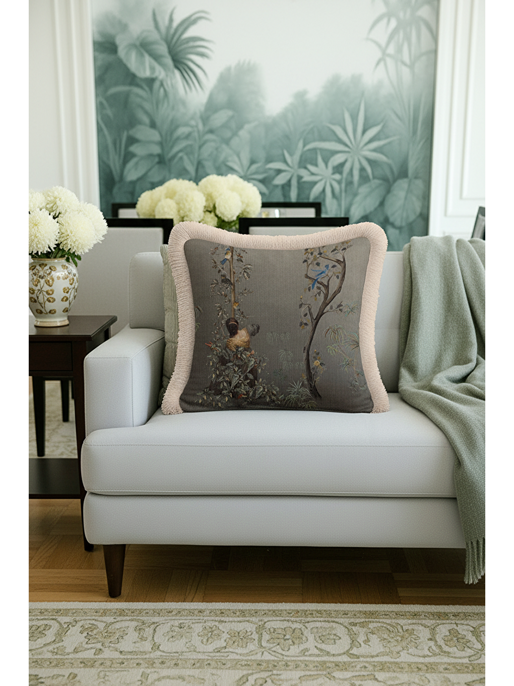 Karışık Çini Esintili Doğal Saçaklı Yastık Kılıfı - Sanatsal Vintage Klasik Gold Gri Püsküllü Kırlent Kılıfı